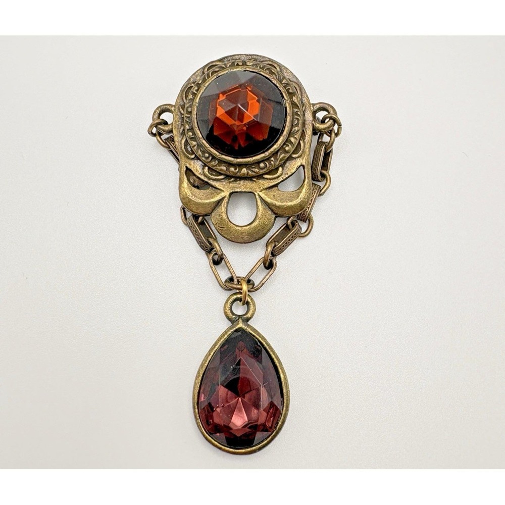 Vintage Robert Rose Brooch Etruscan Revival Bronze Finish Purple Brown Dangle